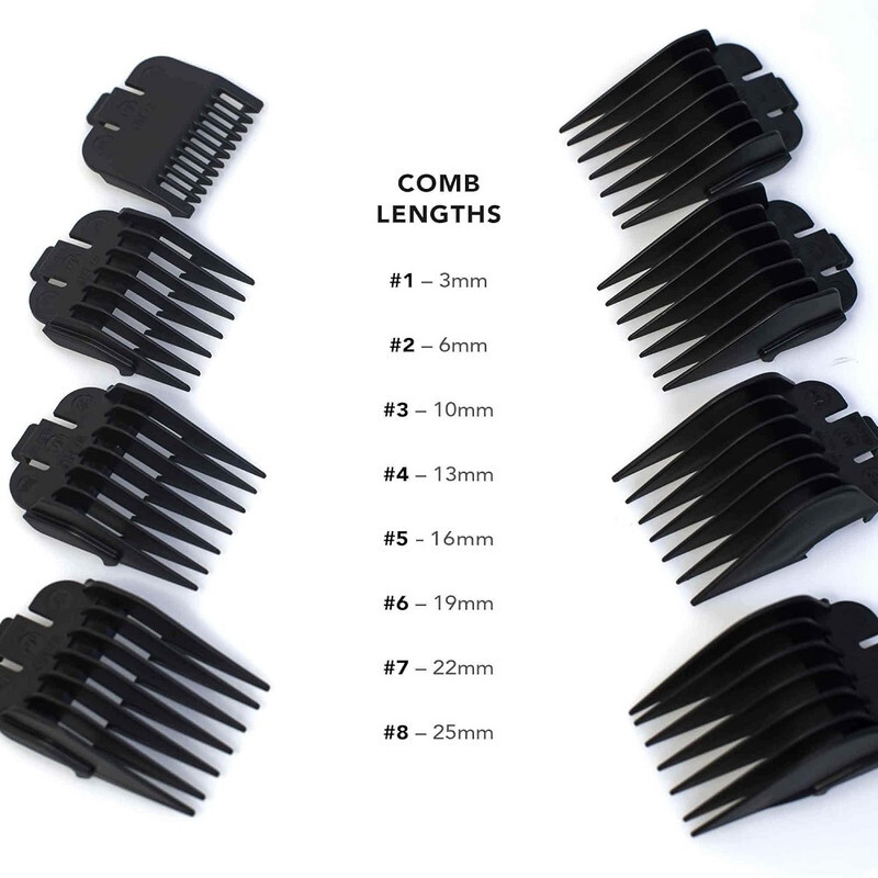 Wahl Plastic Comb Attachments for Standard Multi Cut Clippers, Durable Plastic Combs, Set of 8, Easy Organisation, Clipper Guide Combs, Additional Cutting Lengths, Black