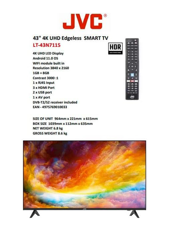 JVC 43-Inch 4K UHD Smart LED TV, LT43N7115, Black
