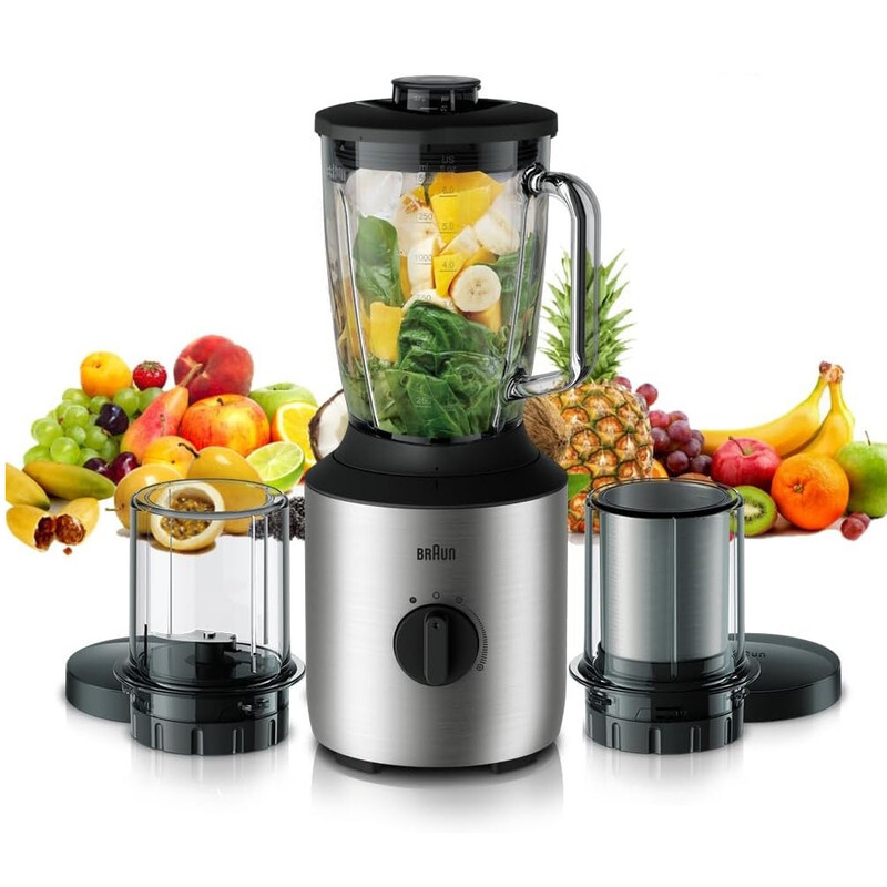 Braun Household PowerBlend Jug Blender 800W, 1.5L capacity, TriAction Technology, 2 Mills Chopper and Grinder, Stainless steel blades, Silent Blending, Varible and Pulse Function - JB 3273 Metal