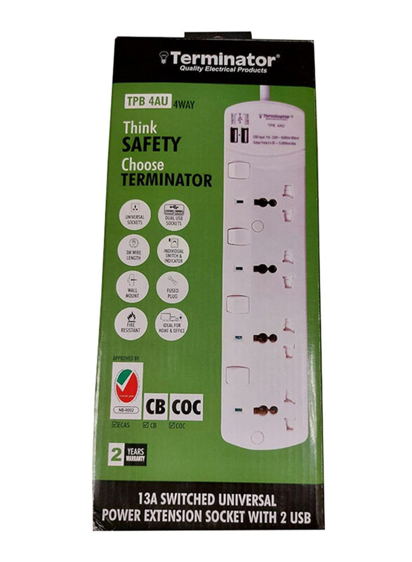 

Terminator 4 Way Universal Power Extension Socket with 2 USB, 3 Meter, White/Green