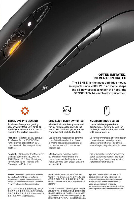 Steelseries Sensei Ten Gaming Mouse, 18,000 Cpi Truemove Pro Optical Sensor Ambidextrous Design, 8 ProgRAMmable Buttons, 60M Click Mechanical Switches ,RGB Lighting