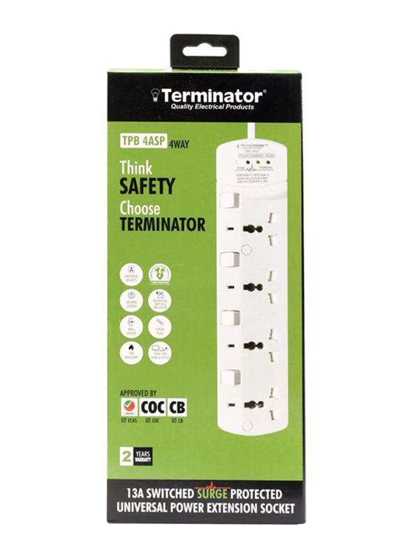 Terminator 4 Way Surge Protection Universal Power Extension Socket with Individual Switches & Indicators, 3 Meter Cable, White