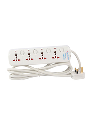 Terminator 4 Way Universal Power Extension Socket, 5 Meter Cable, White