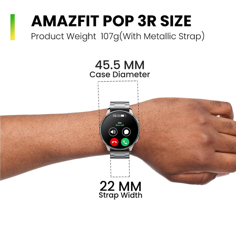 Amazfit Pop 3R Smart Watch, 1.43 inch AMOLED Display, Bluetooth Calling, SpO2, 12-Day Battery Life, AI Voice Assistance, 100 Sports Modes, 24H HR Monitor, Music Control ,Metallic Sliver