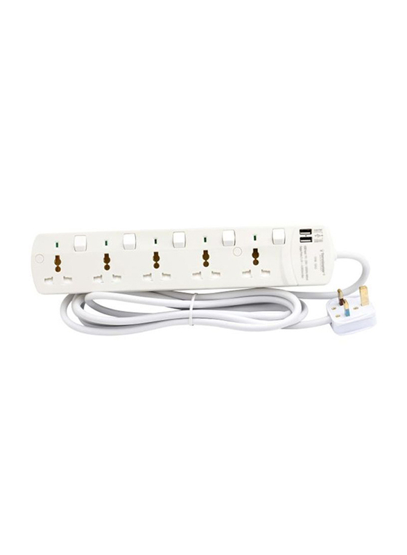 Terminator 5 Way Universal Power Extension Socket with 2 USB Port, 3 Meter Cable, White