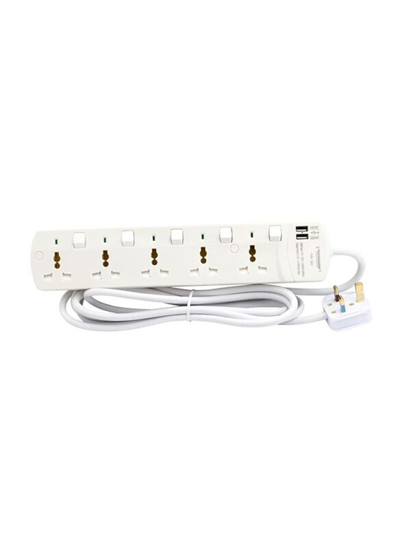 

Terminator 5 Way Universal Power Extension Socket with 2 USB Port, 3 Meter Cable, White