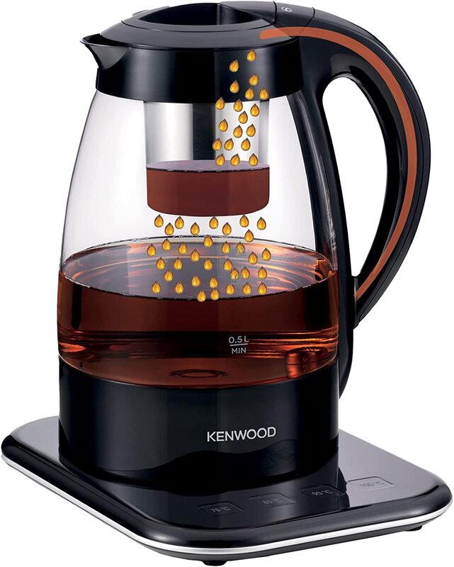 Kenwood 3-In-1 Automatic Tea Maker with Electric Glass Kettle & Drip Coffee Maker, Tmg70.000Cl, Black/Clear
