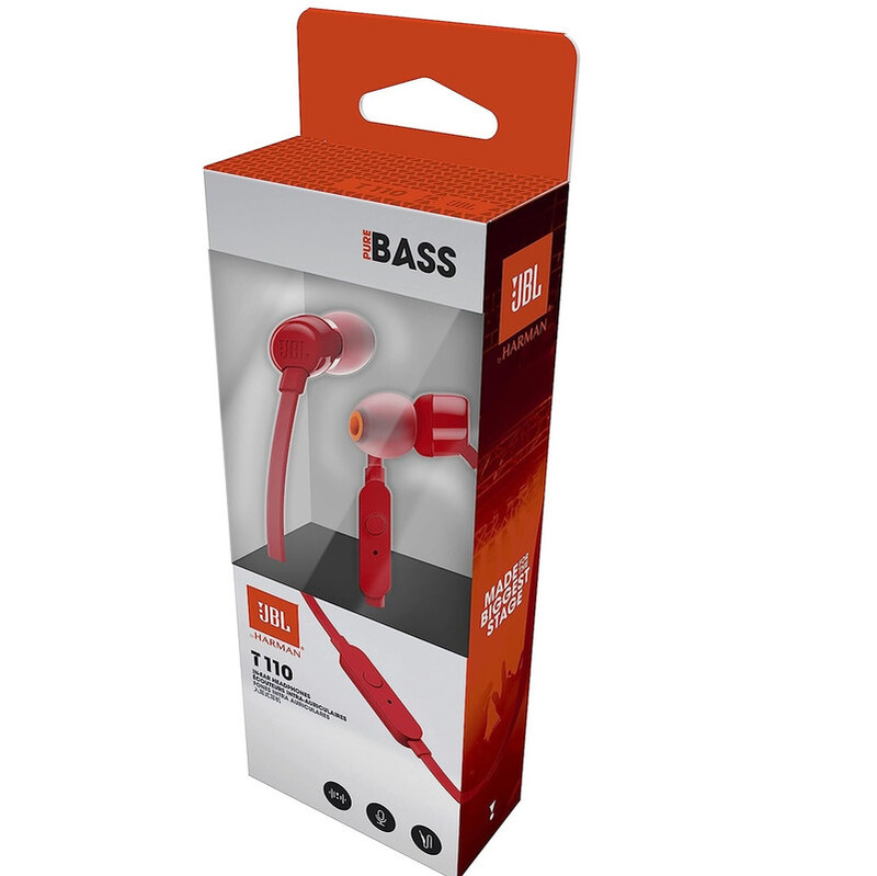 JBL Tune 110 Wired In-Ear Headphones, Deep and Powerful Pure Bass Sound, 1-Button Remote/Mic, Tangle-Free Flat Cable, Ultra Comfortable Fit - Red, JBLT110RED