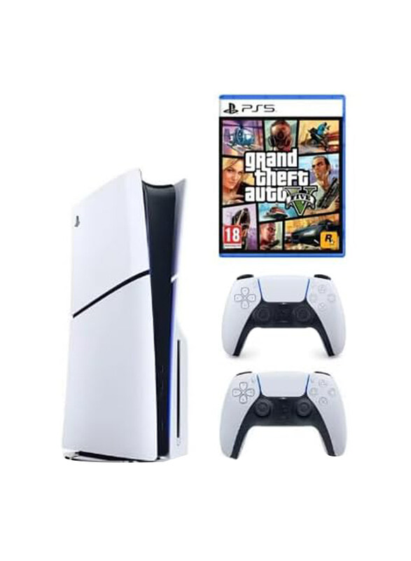 

Sony PlayStation 5 Slim Disc Console, 1TB, With 2 Controllers and 1 Game (Grand Theft Auto V), International Version, White