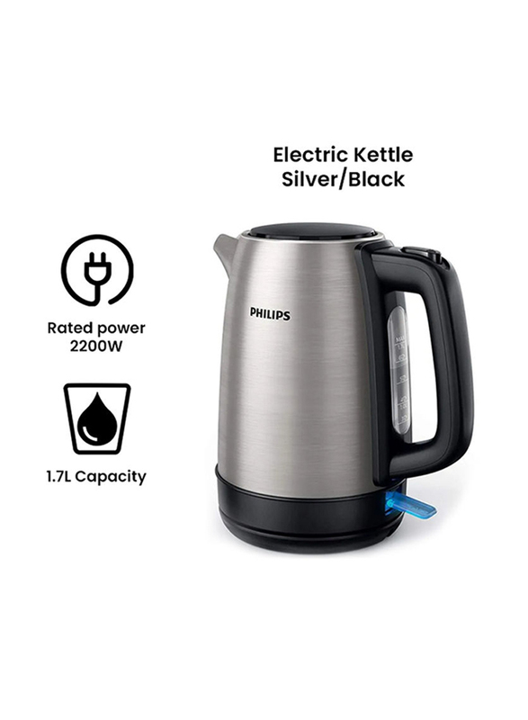 Philips 1.7L Electric Kettle, 2200W, HD9350, Silver/Black