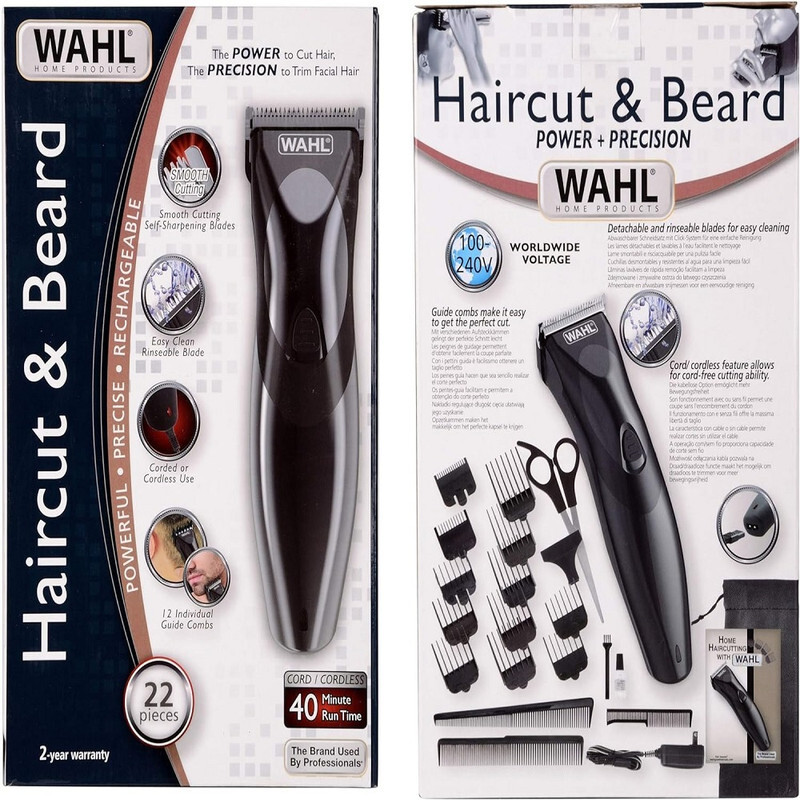 Wahl Haircut and Beard Grooming Kit, Rechargeable Hair Clipper, 12 Comb Attachments, Detachable And Rinsable Blades, 09639-827