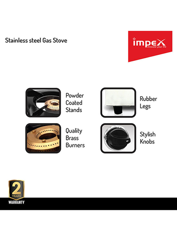 Impex 2-Burner Stainless Steel Gas Stove, IGS 121, Silver/Black/Red