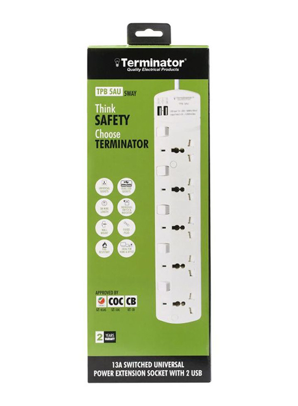 Terminator 5 Way Universal Power Extension Socket with 2 USB Port, 3 Meter Cable, White