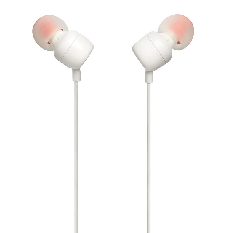JBL Tune 110 Wired In-Ear Headphones, Deep and Powerful Pure Bass Sound, 1-Button Remote/Mic, Tangle-Free Flat Cable, Ultra Comfortable Fit - White, JBLT110WHT