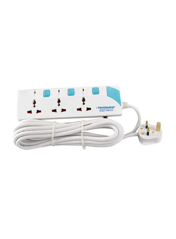 Terminator 3 Way Power Board Universal Extension Socket, 5 Meter Cable, White/Blue
