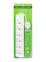 Terminator 6 Way Power Extension Socket, 3 Meter Cable, White/Red/Green