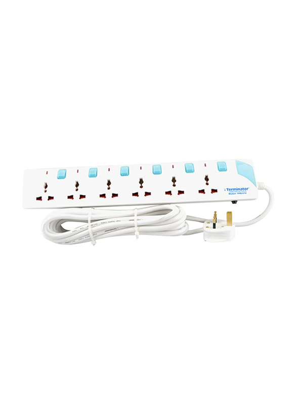 Terminator 6 Way Power Board Universal Extension Socket, 3 Meter Cable, White/Blue