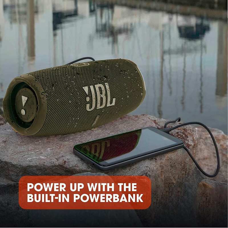 JBL Charge 5 Portable Speaker, Built-In Powerbank, Powerful JBL Pro Sound, Dual Bass Radiators, 20H of Battery, IP67 Waterproof and Dustproof, Wireless Streaming, Dual Connect - Green, JBLCHARGE5GRN