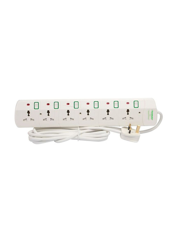 Terminator 6 Way Power Extension Socket, 3 Meter Cable, White/Red/Green