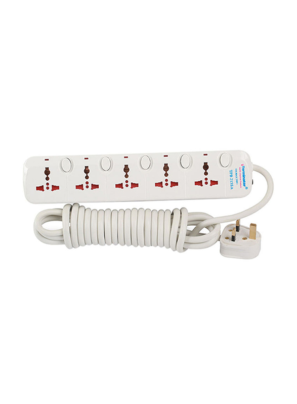 Terminator 5 Way Universal Power Extension Socket, 5 Meter Cable, White