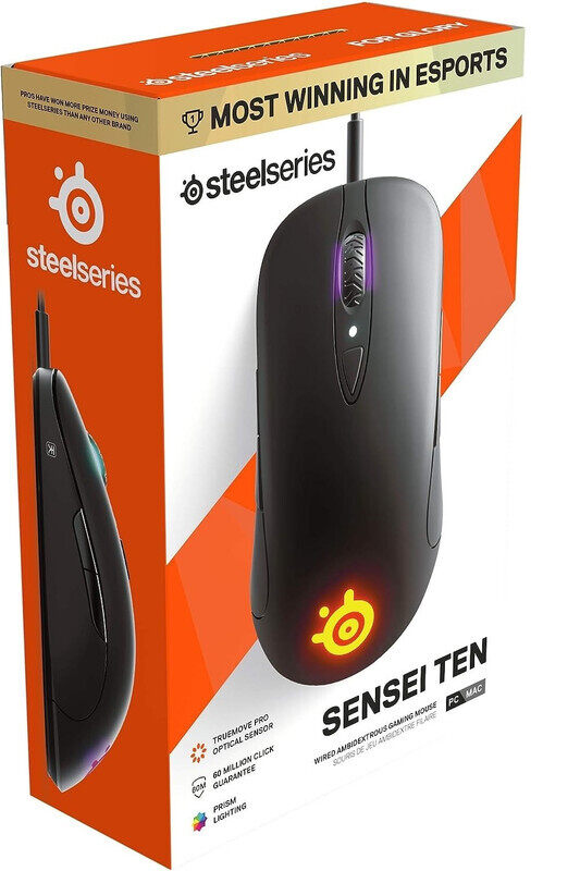 Steelseries Sensei Ten Gaming Mouse, 18,000 Cpi Truemove Pro Optical Sensor Ambidextrous Design, 8 ProgRAMmable Buttons, 60M Click Mechanical Switches ,RGB Lighting