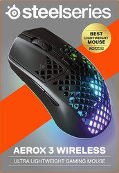 SteelSeries Aerox 3 Wireless  Super Light Gaming Mouse,  18,000 CPI TrueMove Air Optical Sensor, Ultralightweight 68g Water Resistant Design  200 Hour Battery Life ,Onyx
