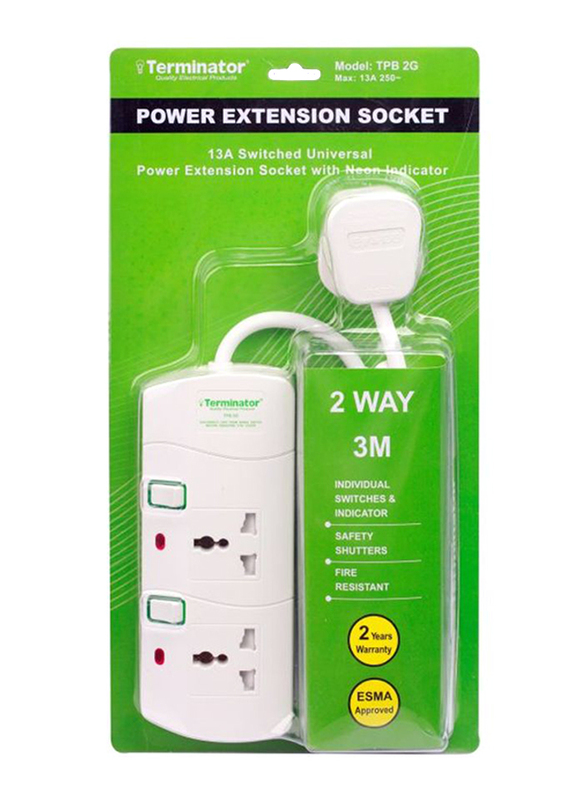 Terminator 2 Way Power Extension Socket, 3 Meter Cable, White/Red/Green