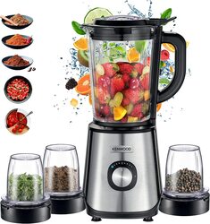 Kenwood 1.5L Glass Blender Smoothie Maker with Grinder Mill, Chopper Mill, Ice Crush Function, 1000W, BLM45.880SS, Black/Silver