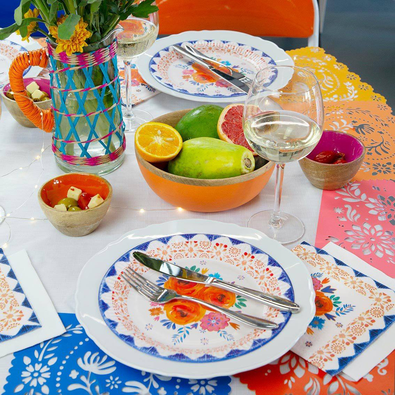 Talking Tables 25cm 12-Piece Floral Boho Party Paper Plate Set, White/Blue/Orange
