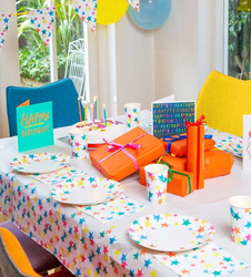Talking Tables 180 x 120cm Birthday Bright's Star Eco Table Cover, White/Blue/Orange