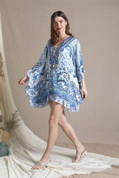 Couturelabs Meara Elbow Sleeve Viscose Crepe V-Neck Toile Print Mini Kaftan Dress, One Size, Blue
