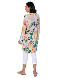 Couturelabs Ezili Tropical Sunrise 3/4 Three-Quarter Sleeves V-Neck Rose Print Vertical Repeat Tunic Top for Women, Large, Cream