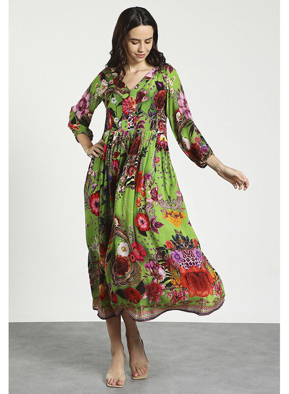 

Couture Labs Kara Bishop Sleeves Floral Print Dress for Women, 40 EU, Green