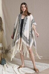 Couturelabs Athena 3/4 Three-Quarter Sleeve Polyester Open Neck Paisley Print Mini Kaftan Dress, One Size, Off White