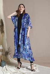 Couturelabs Amethyst Elbow Sleeve Polyester Open Neck Floral Print Maxi Cover-ups Dress, One Size, Blue