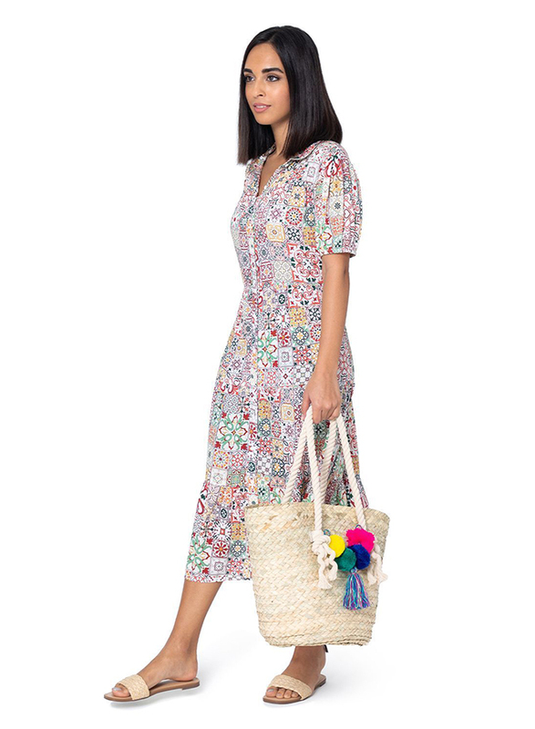 Couturelabs Lucia Medium Cotton & Straw Shopper Bag for Women, Beige