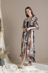 Couturelabs Bonjour Elbow Sleeve Polyester Open Neck Floral Print Maxi Cover-ups Dress, One Size, Brown