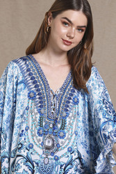 Couturelabs Meara Elbow Sleeve Viscose Crepe V-Neck Toile Print Mini Kaftan Dress, One Size, Blue
