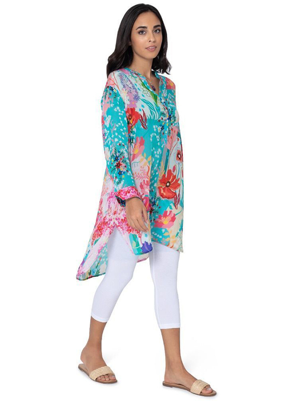 Couturelabs Adira Tropical Sunrise Full Sleeve V-Neck Flower Print Tunic Tops for Women, Large, Blue/Green