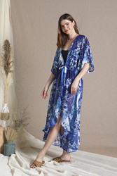 Couturelabs Amethyst Elbow Sleeve Polyester Open Neck Floral Print Maxi Cover-ups Dress, One Size, Blue