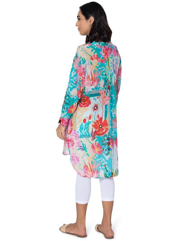 Couturelabs Adira Tropical Sunrise Full Sleeve V-Neck Flower Print Tunic Tops for Women, Large, Blue/Green