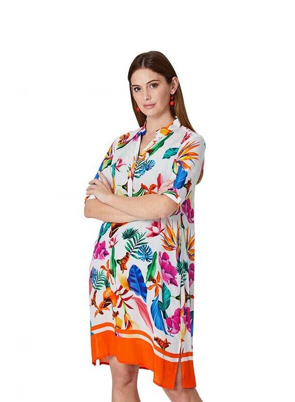 

Couture Labs Couturelabs Elena Holiday in Ibiza Elbow Sleeve Stand V-Neck Floral Printed Tunic for Women, Small, Multicolour