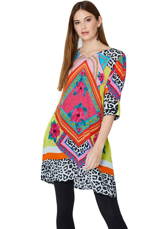 Couturelabs Alyvia Urban Jungle Short Sleeve V-Neck Animal & Flower Print Tunic Tops for Women, Small, Multicolour