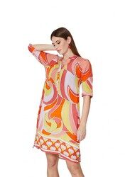Couturelabs Carmen Holiday in Ibiza Short Sleeve V-Neck Pucci Print Tunic Tops for Women, Medium, Orange