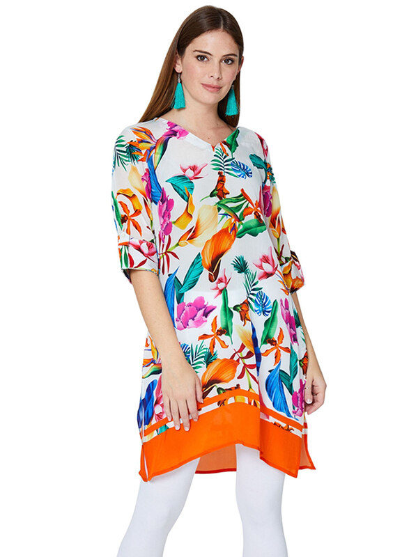 

Couture Labs Couturelabs Julieta Holiday in Ibiza 3/4 Three-Quarter Sleeves V-Neck Floral Print Tunic Top for Women, Medium, White