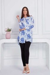 Couturelabs Rossane Zahara Long Sleeve Collared Neck Flower Print Tunics for Women, Large, Blue/White