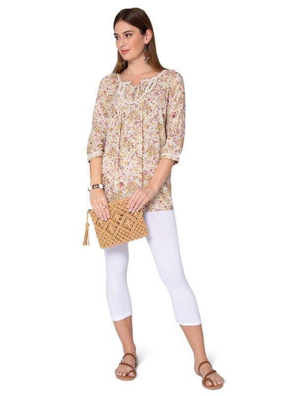 

Couture Labs Couturelabs Juniper Pararie Days 3/4 Three-Quarter Sleeves Keyhole Neck Romantic Floral Print Blouse Top for Women, Medium, Beige