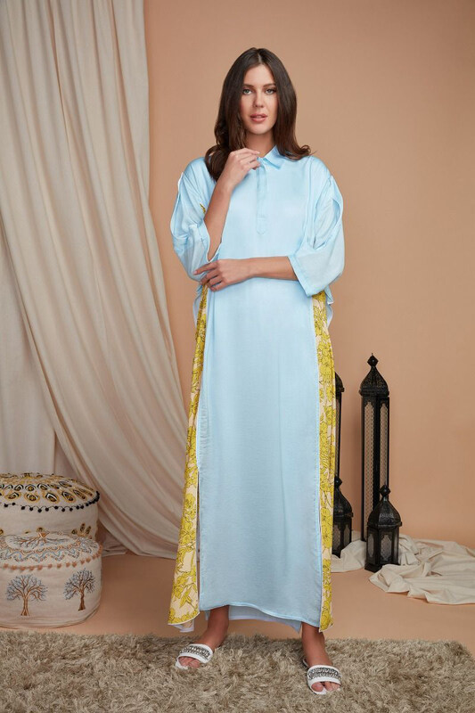 

Couture Labs Couturelabs Aasma Inayat Collection V-Neck 3/4 Three Quarter Sleeve Floral Print Abaya Dress, Large, Blue/Yellow