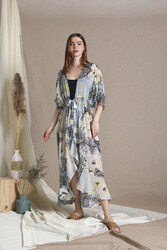 Couturelabs Omega Elbow Sleeve Polyester Open Neck Abstract Print Maxi Cover-ups Dress, One Size, Black/Yellow