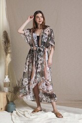 Couturelabs Bonjour Elbow Sleeve Polyester Open Neck Floral Print Maxi Cover-ups Dress, One Size, Brown